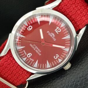 Vintage 1973 Fortis Manual Mens Silver Watch W/Nato Strap & Red accents